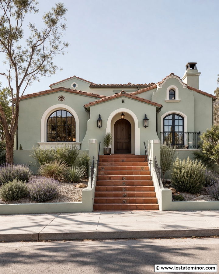 Sage Green House With Terracotta Tile Steps - 30 Sage Green House Design With Steps Ideas
