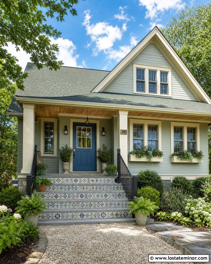 Sage Green House With Tiled Stair Risers - 30 Sage Green House Design With Steps Ideas