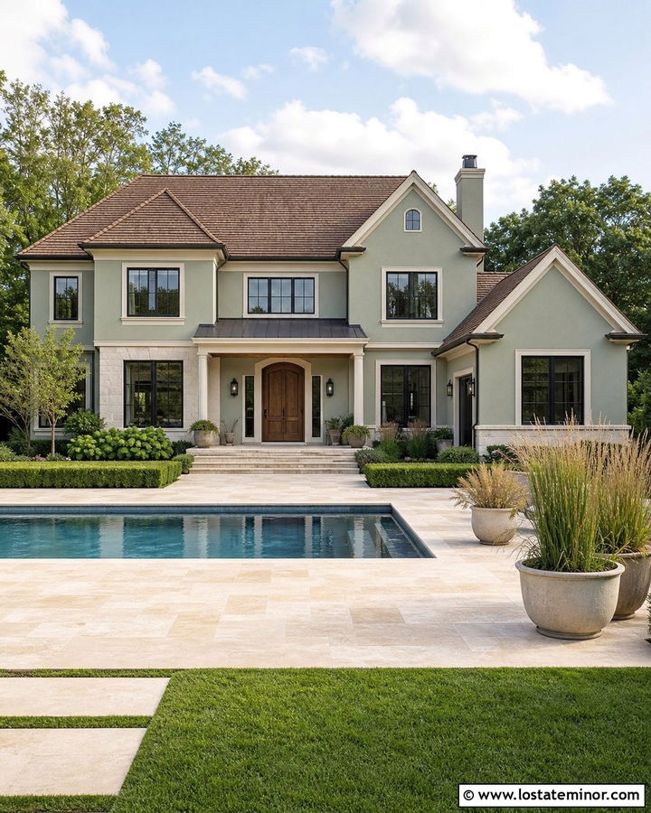 Sage Green House With Travertine Pool Deck - 30 Sage Green House Design With Swimming Pool Ideas