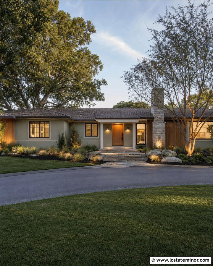 Sage Green House With Tree Spotlights - 30 Sage Green House Design With Lighting Ideas