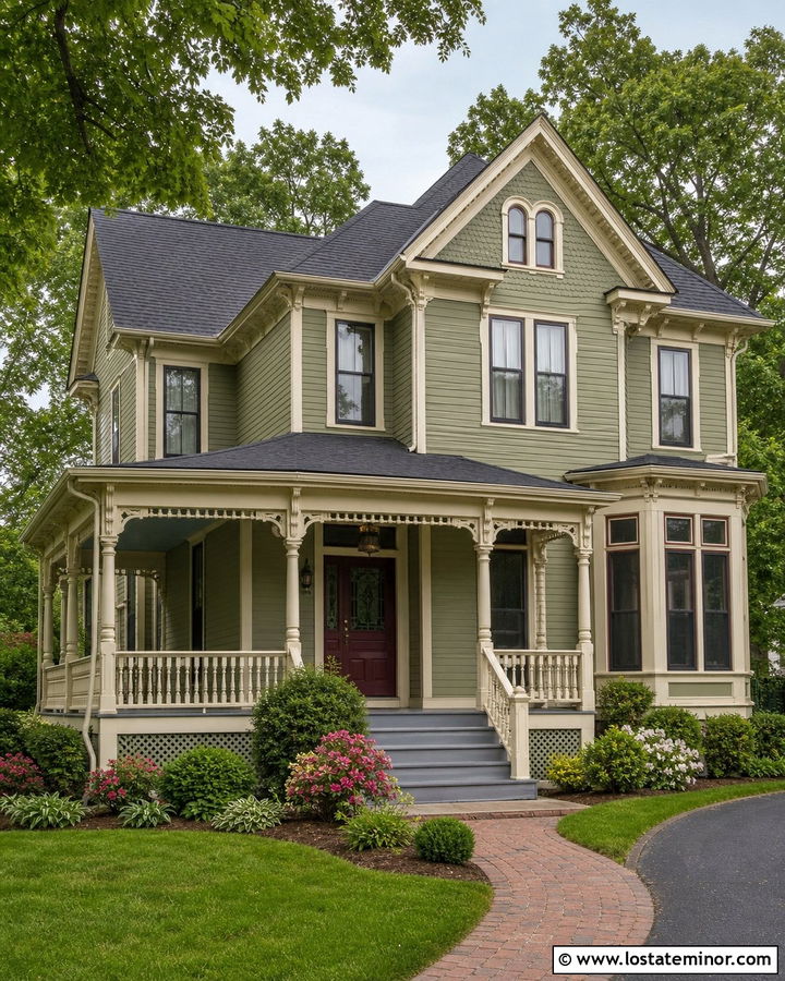 Sage Green House With Turned Porch Balusters - 30 Sage Green House Design With Railings Ideas
