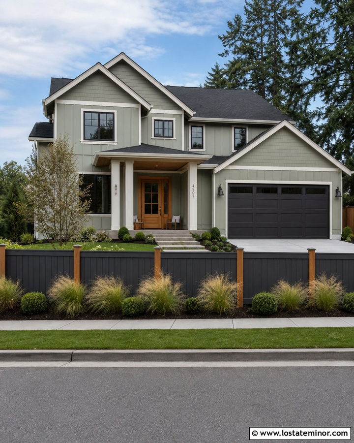 Sage Green House With Two Tone Wood Fence - 30 Sage Green House Design With Fence Ideas