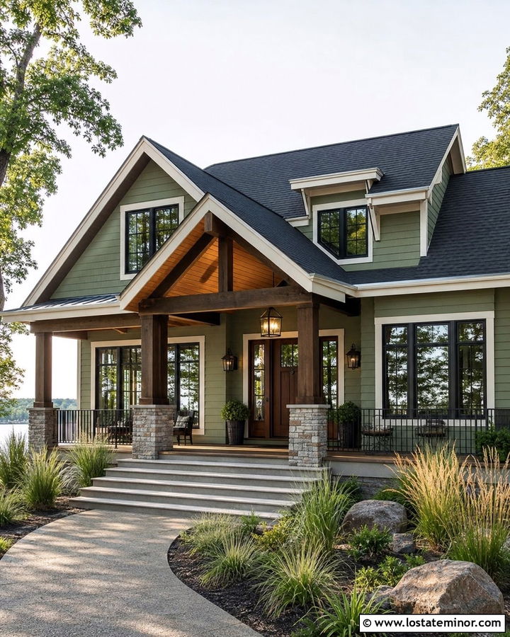 Sage Green House With Vaulted Wood Porch Ceiling - 30 Sage Green House Design With Porch Ceiling Ideas