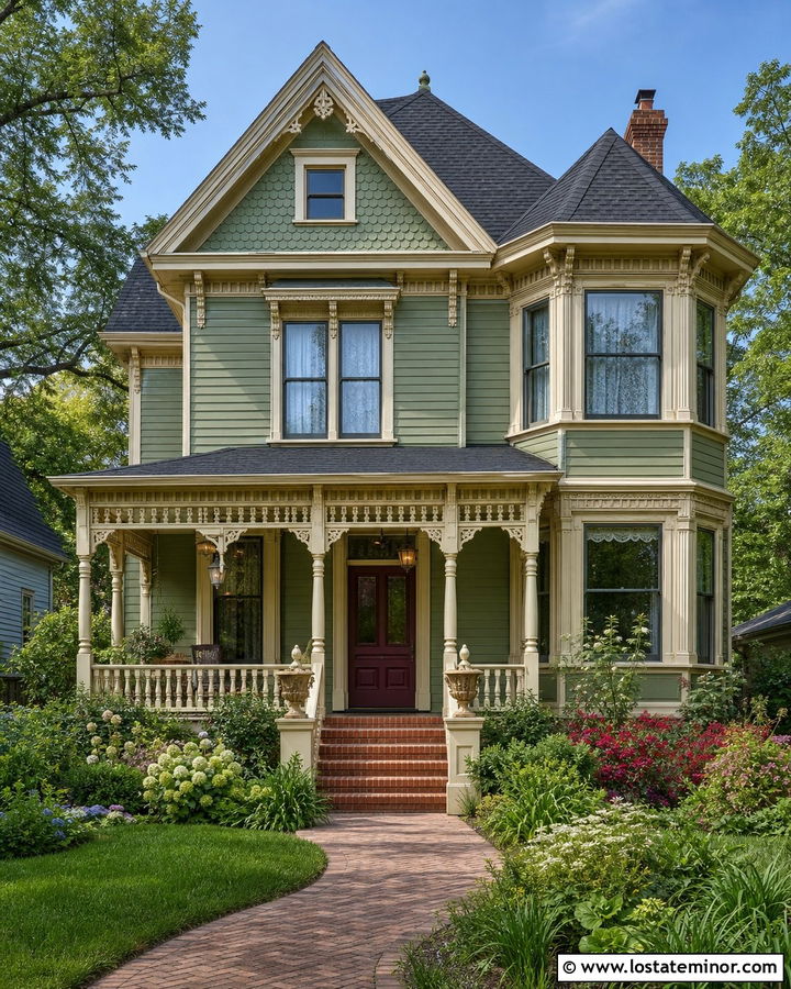 Sage Green House With Victorian Portico - 30 Sage Green House Design With Portico Ideas