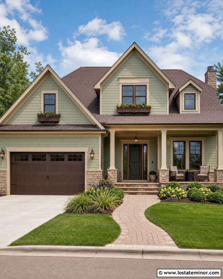 Sage Green House With Warm Beige Porch Ceiling - 30 Sage Green House Design With Porch Ceiling Ideas