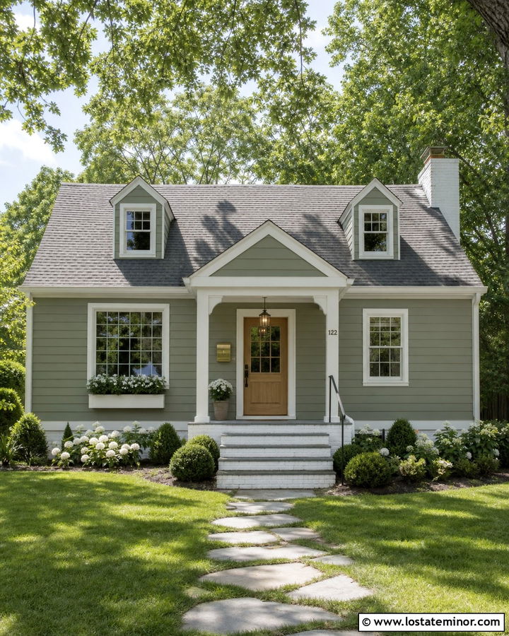 Sage Green House With White Brick Steps - 30 Sage Green House Design With Steps Ideas