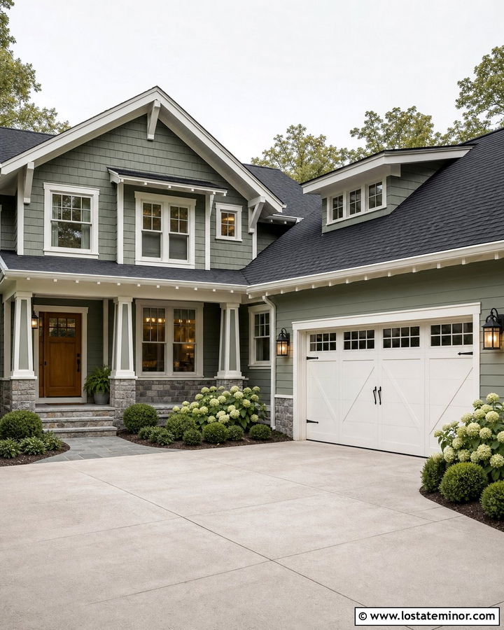 Sage Green House With White Carriage Garage Door - 30 Sage Green House Design With Garage Door Ideas