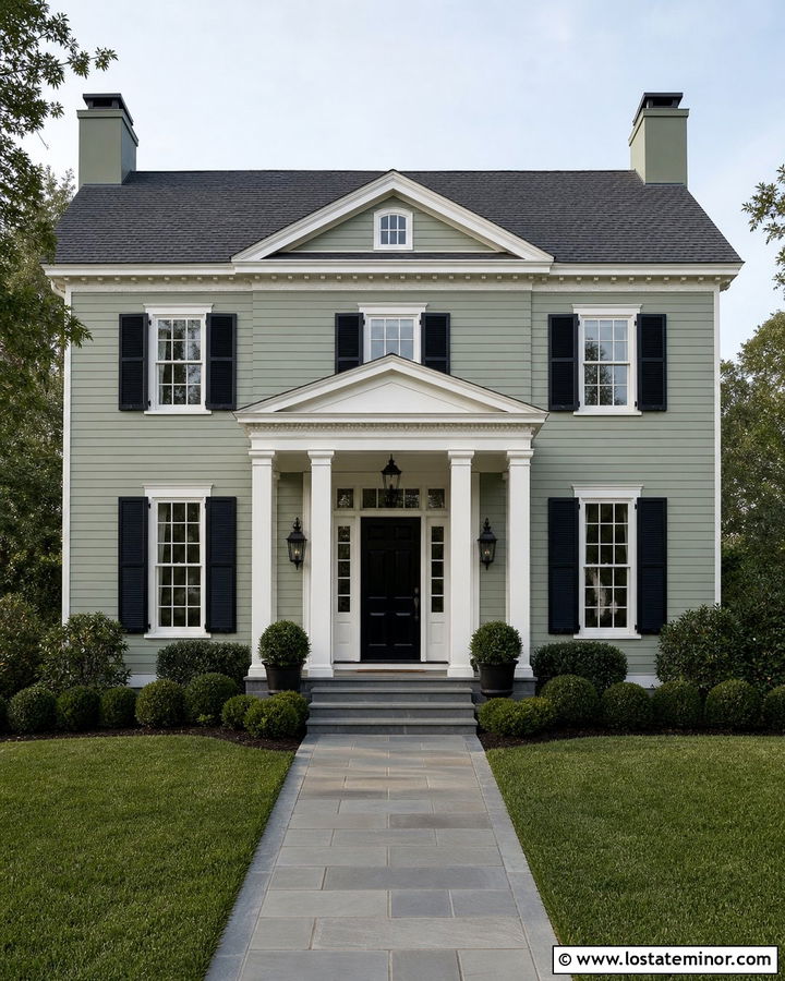 Sage Green House With White Column Portico - 30 Sage Green House Design With Portico Ideas