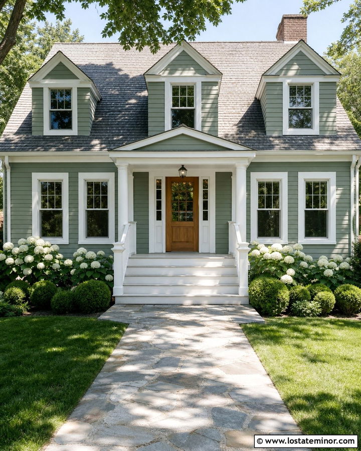 Sage Green House With White Concrete Steps - 30 Sage Green House Design With Steps Ideas