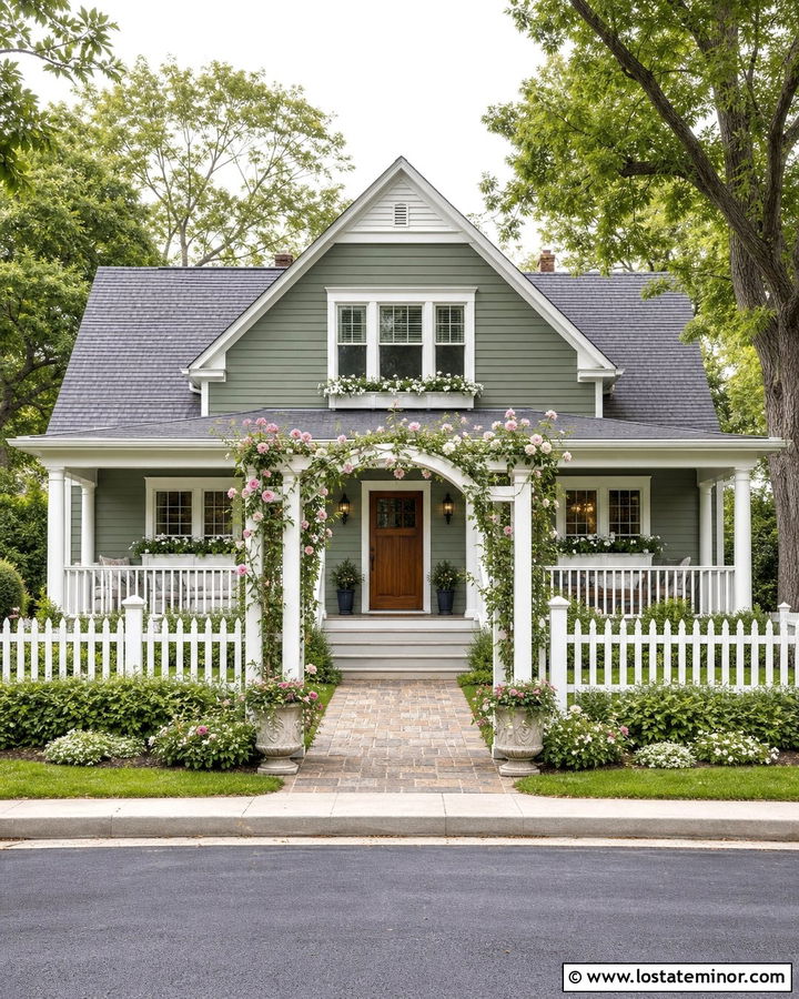 Sage Green House With White Fence And Arbor - 30 Sage Green House Design With Fence Ideas