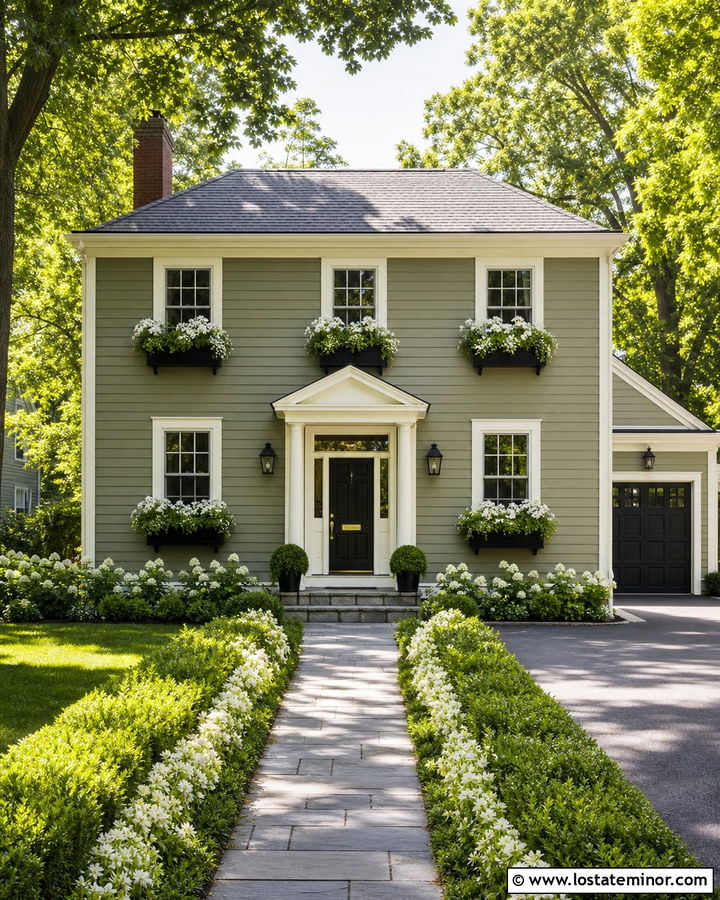 Sage Green House With White Flower Window Boxes - 30 Sage Green House Design With Window Boxes Ideas