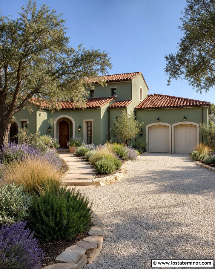 Sage Green House With White Gravel Driveway - 30 Sage Green House Design With Driveway Ideas