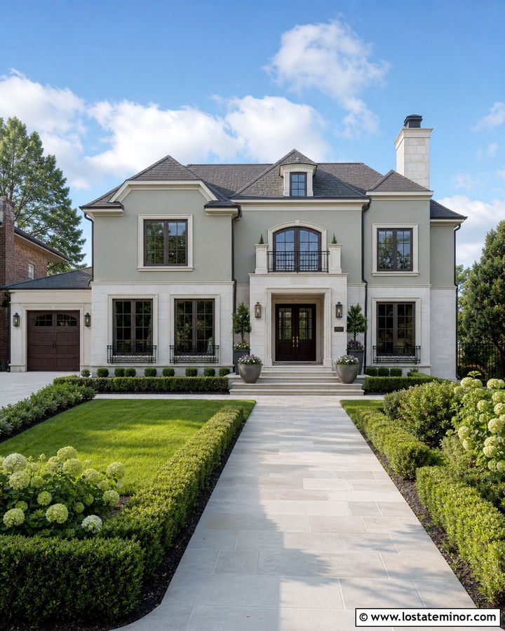 Sage Green House With White Limestone - 30 Sage Green House Design With Stone Accents Ideas