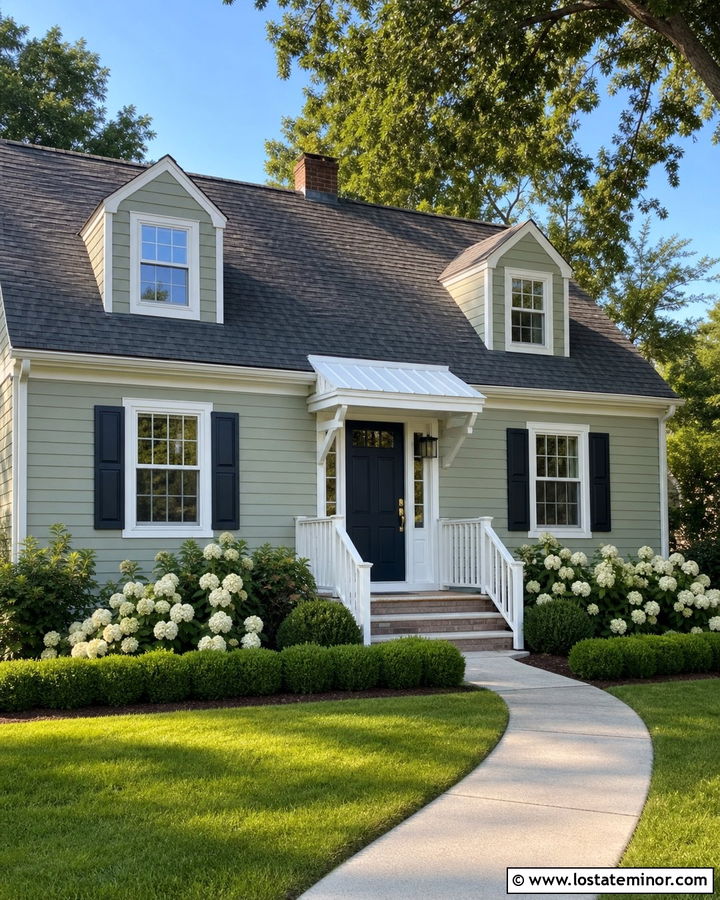 Sage Green House With White Metal Awning - 30 Sage Green House Design With Awning Ideas