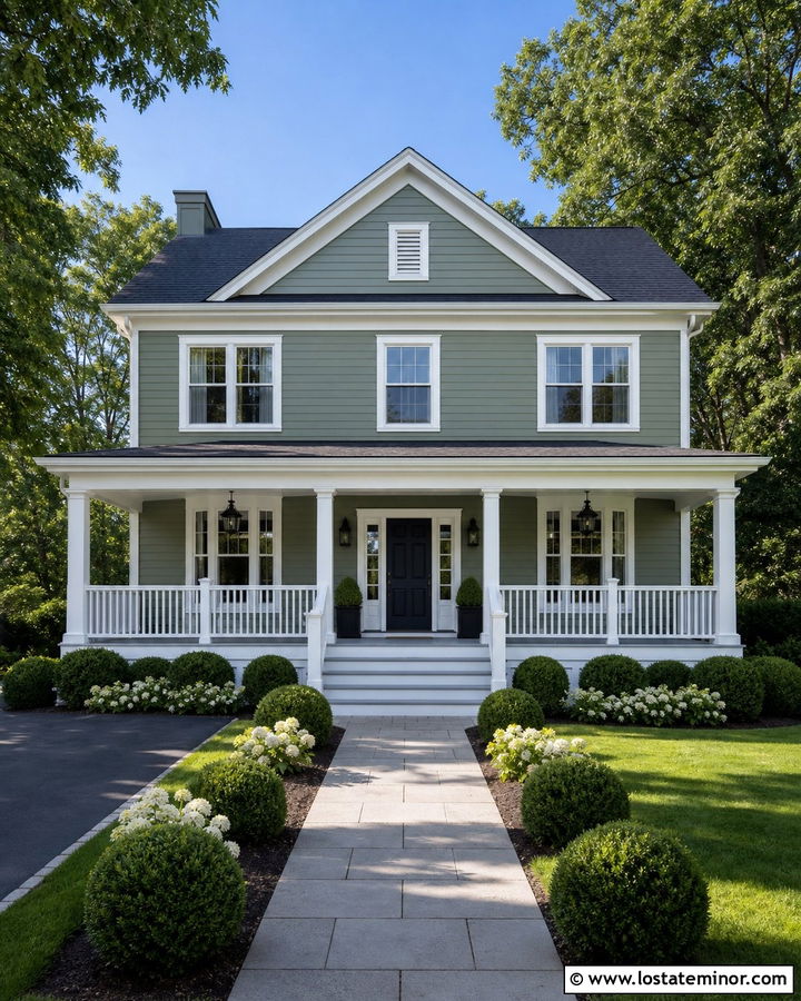 Sage Green House With White Painted Deck - 30 Sage Green House Design With Deck Ideas