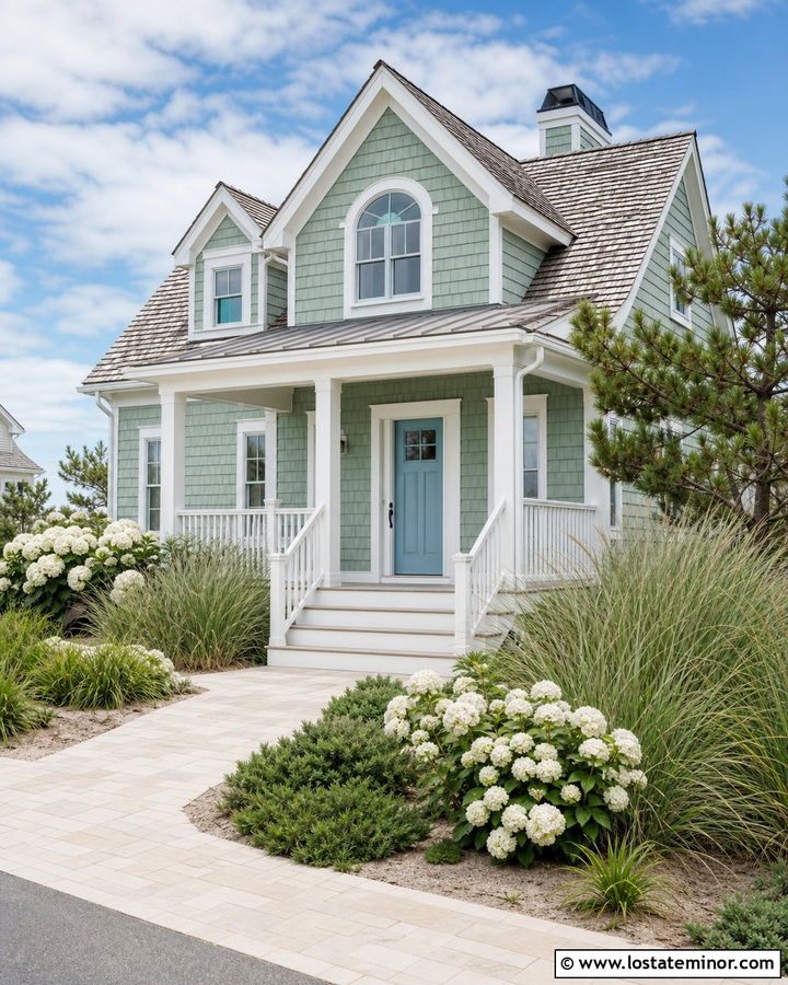 Sage Green House With White Paver Walkway - 30 Sage Green House Design With Walkway Ideas