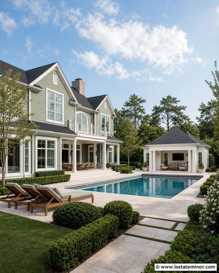 Sage Green House With White Pool Cabana - 30 Sage Green House Design With Swimming Pool Ideas