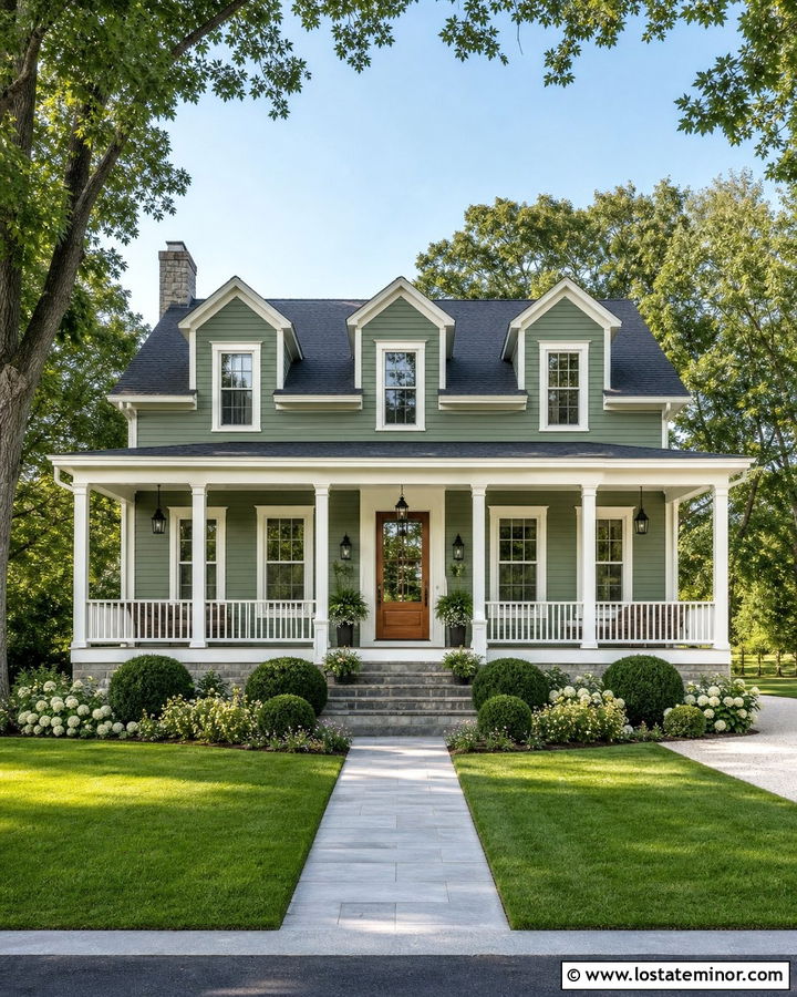 Sage Green House With White Porch And Dormers - 30 Sage Green House Design With Dormers Ideas