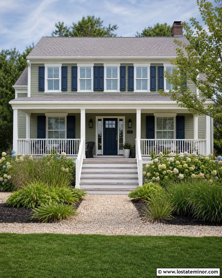 Sage Green House With White Porch Railings - 30 Sage Green House Design With Steps Ideas