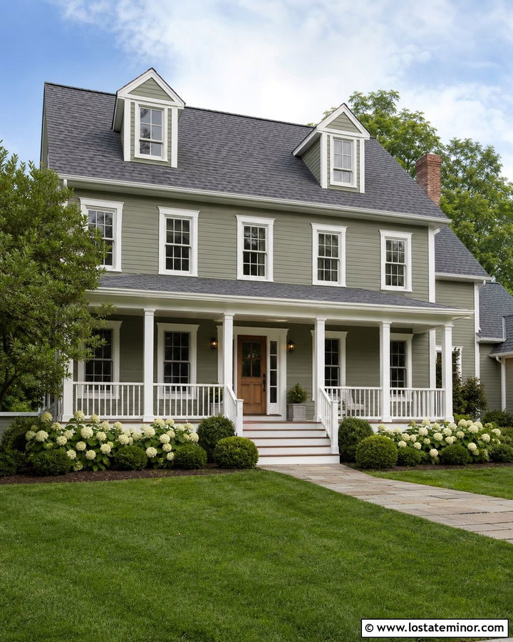 Sage Green House With White Porch Railings - 30 Sage Green House Design With Railings Ideas