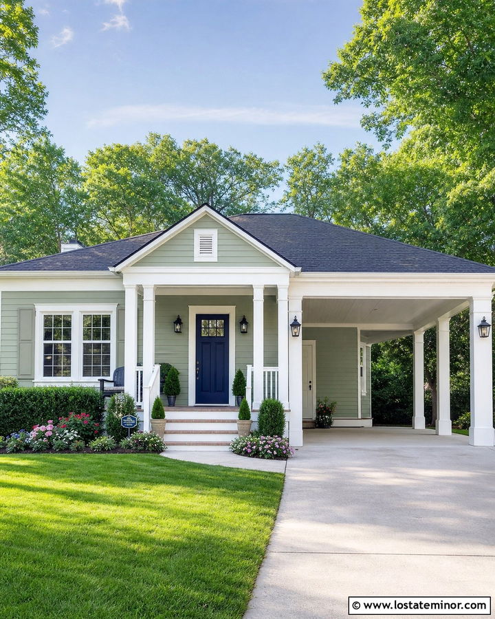 Sage Green House With White Post Carport - 30 Sage Green House Design With Carport Ideas