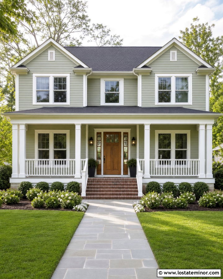 Sage Green House With White Square Porch Columns - 30 Sage Green House Design With Porch Columns Ideas