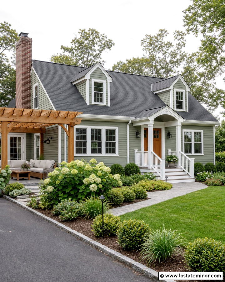 Sage Green House With White Trim And Cedar Pergola - 30 Sage Green House Design With Pergola Ideas
