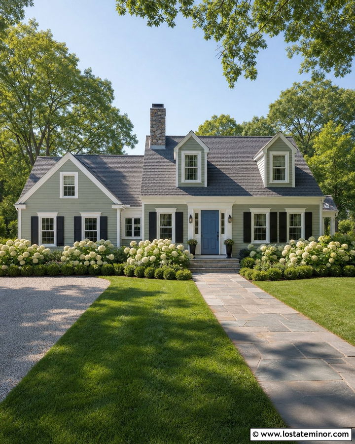 Sage Green House With White Trim And Hydrangeas - 30 Sage Green House Design With Landscaping Ideas
