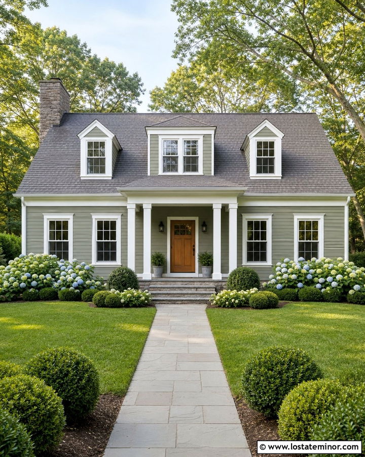 Sage Green House With White Trim And Hydrangeas - 30 Sage Green House Design With Front Yard Ideas