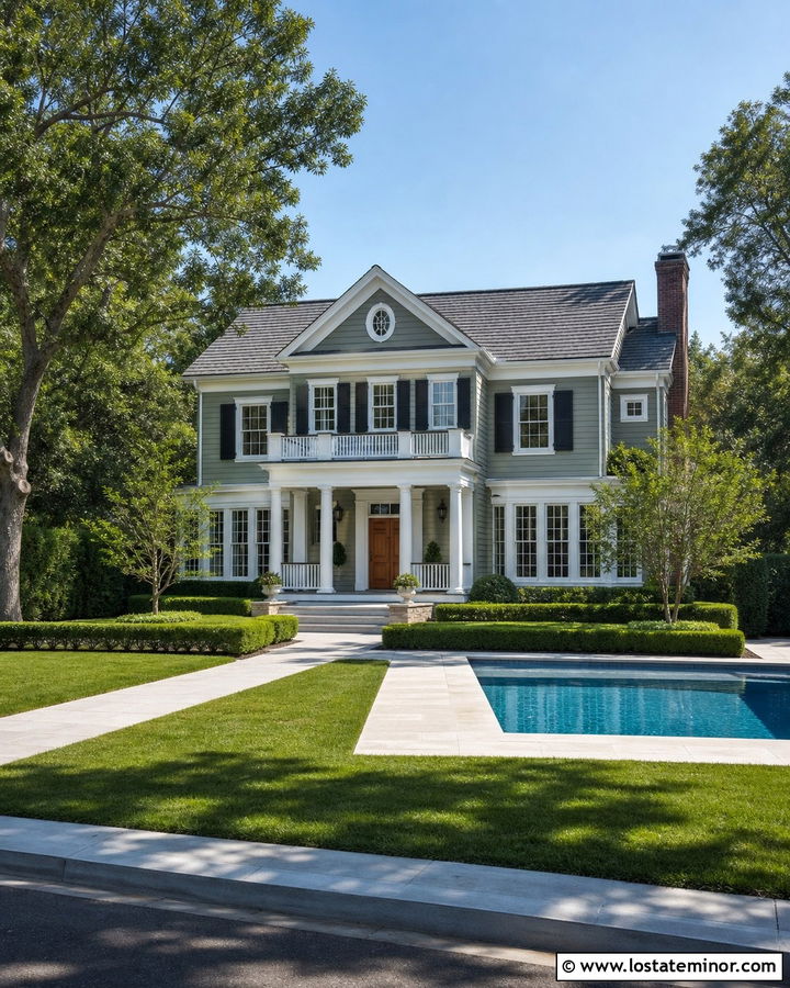 Sage Green House With White Trim And Rectangular Pool - 30 Sage Green House Design With Swimming Pool Ideas