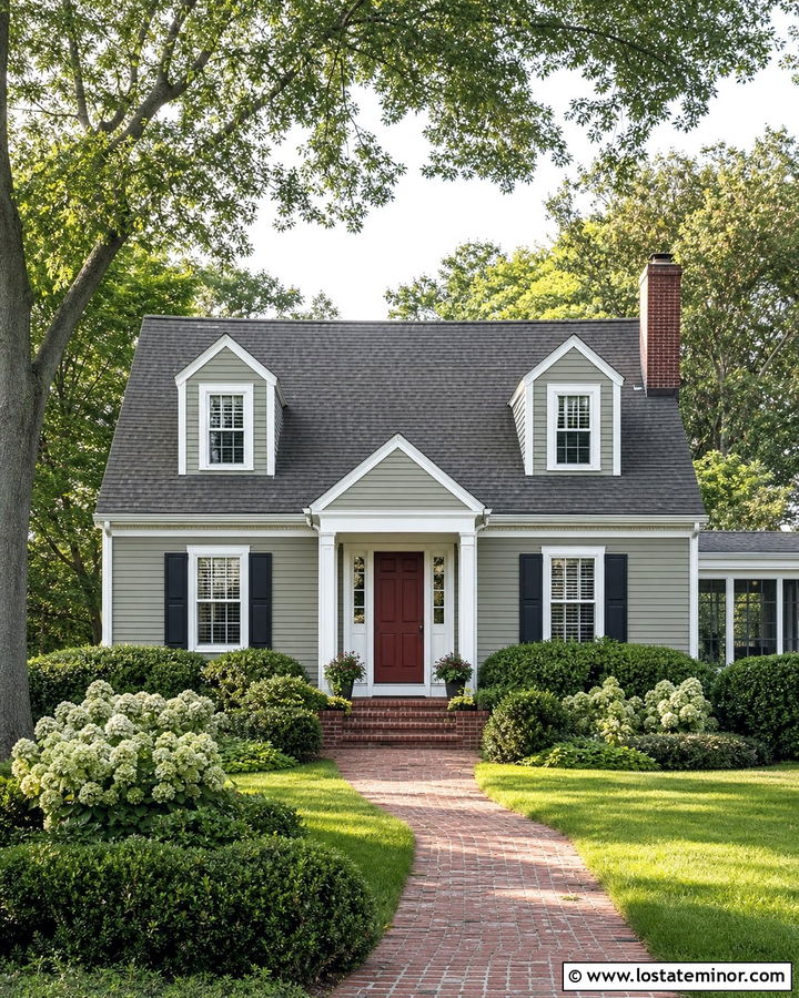 Sage Green House With White Trim And Red Door - 30 Sage Green House Design With Trim Ideas