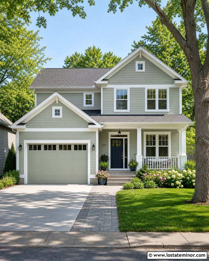 Sage Green House With White Trim And Sage Garage Door - 30 Sage Green House Design With Trim Ideas
