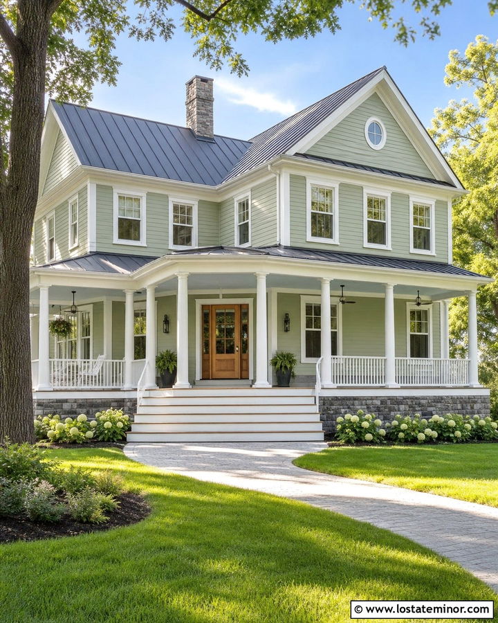 Sage Green House With White Trim And Wraparound Porch - 30 Sage Green House Design With Trim Ideas