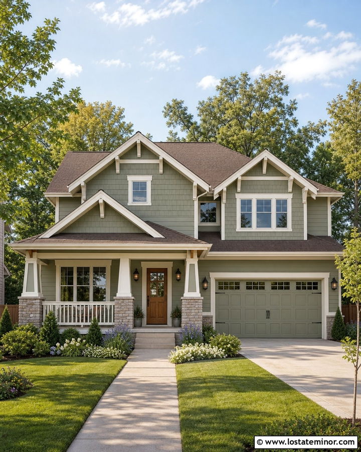 Sage Green House With White Window Frames And Stone Columns - 30 Sage Green House Design With Window Frames Ideas
