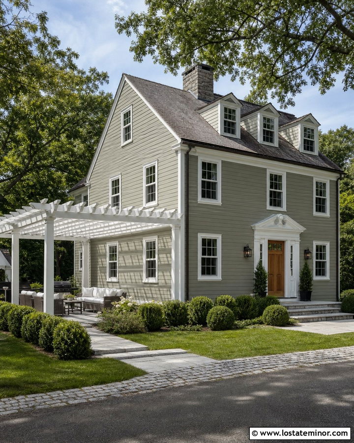 Sage Green House With White Wood Pergola - 30 Sage Green House Design With Pergola Ideas