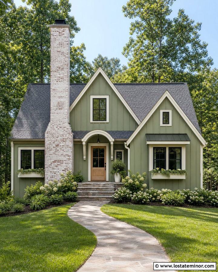 Sage Green House With Whitewashed Brick Chimney - 30 Sage Green House Design With Chimney Ideas