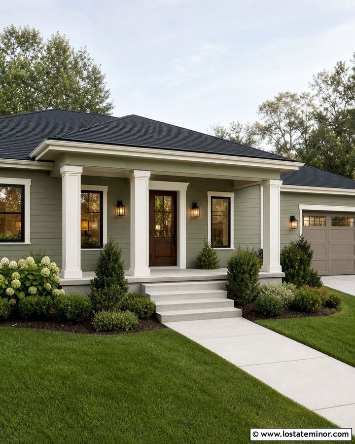 Sage Green House With Wide Box Porch Columns - 30 Sage Green House Design With Porch Columns Ideas