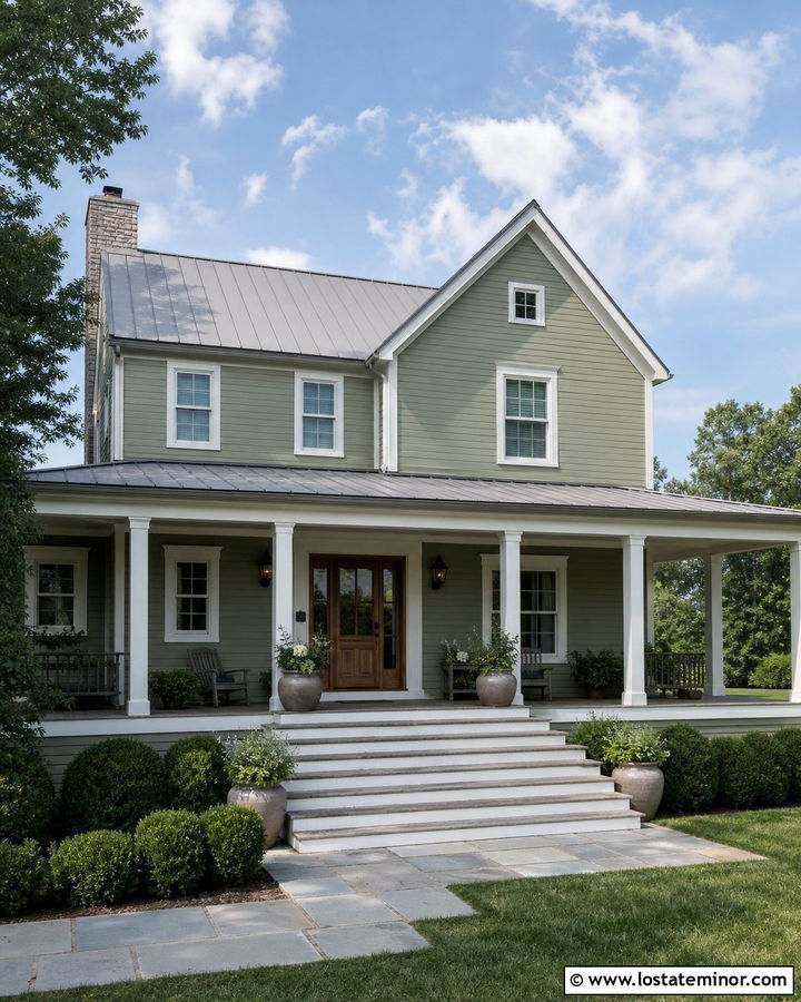 Sage Green House With Wide Porch Steps - 30 Sage Green House Design With Steps Ideas