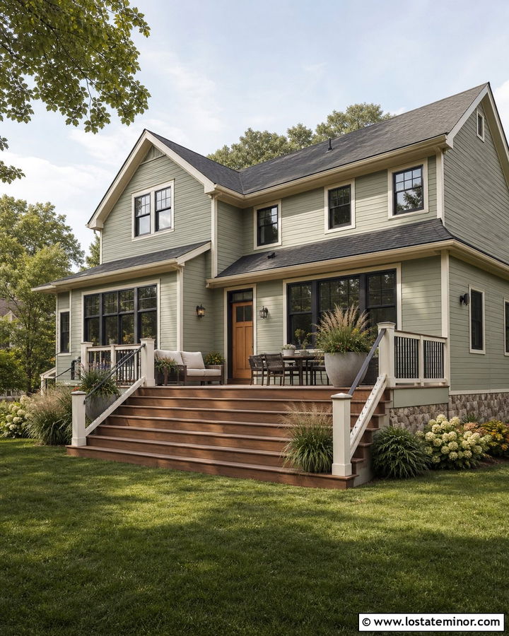 Sage Green House With Wide Stair Deck - 30 Sage Green House Design With Deck Ideas