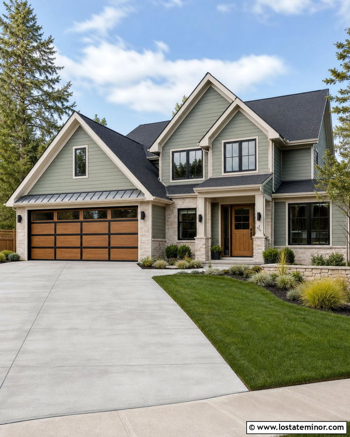 Sage Green House With Wood And Black Garage Door - 30 Sage Green House Design With Garage Door Ideas