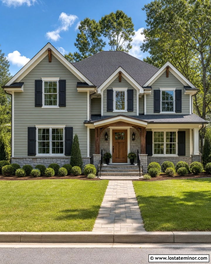 Sage Green House With Wood Door And Black Shutters - 30 Sage Green House Design With Shutters Ideas