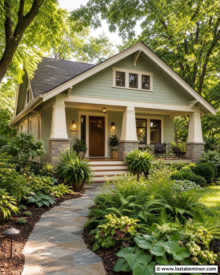 Sage Green House With Wood Door And Fern Landscaping - 30 Sage Green House Design With Landscaping Ideas