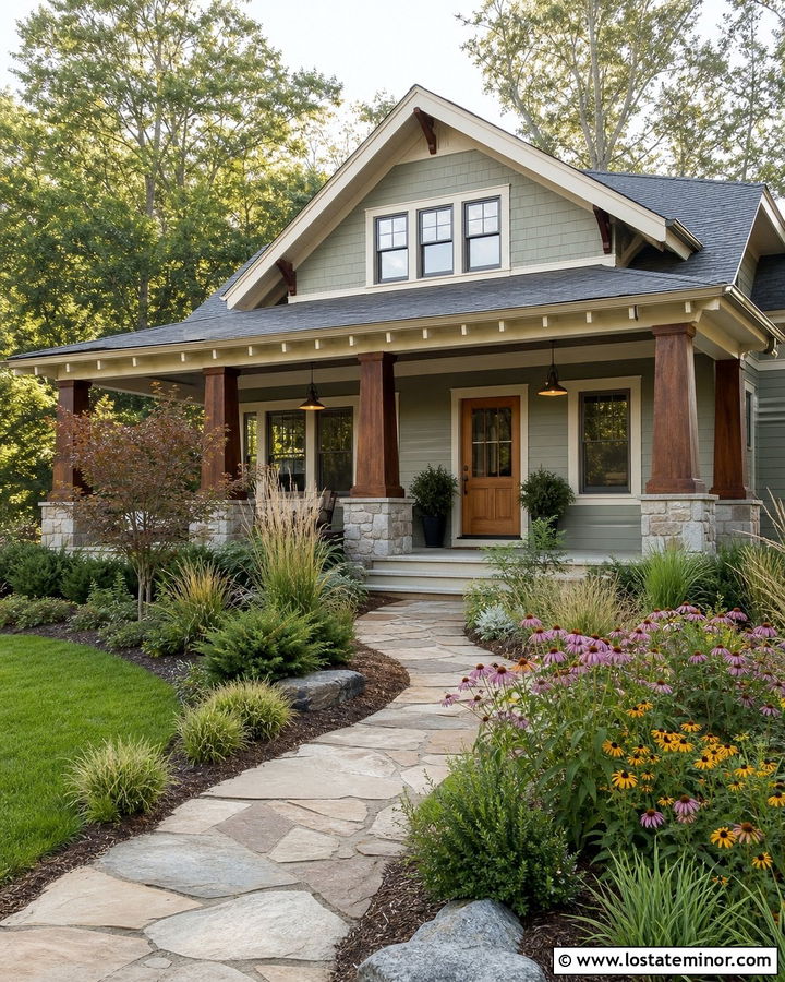 Sage Green House With Wood Door And Native Grasses - 30 Sage Green House Design With Front Yard Ideas