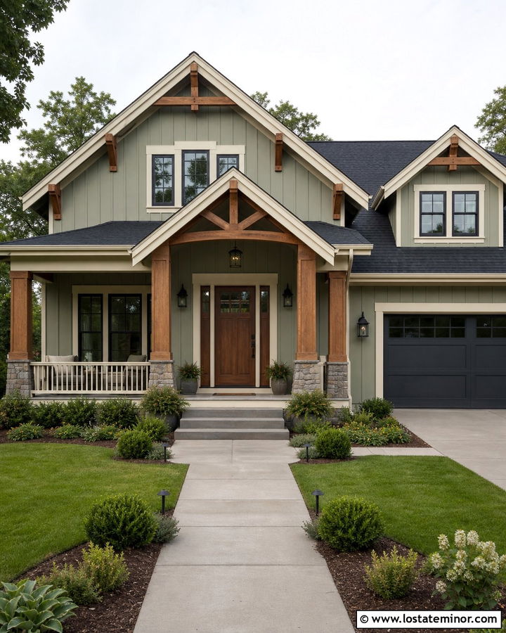 Sage Green House With Wood Front Door And Gables - 30 Sage Green House Design With Gables Ideas