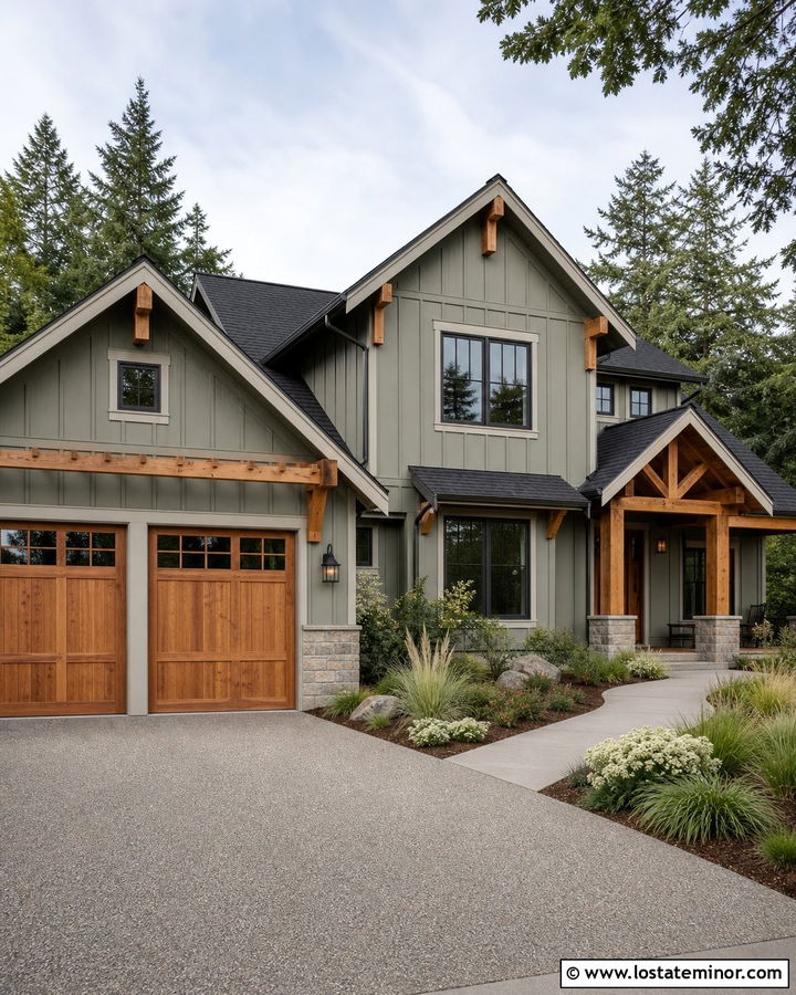 Sage Green House With Wood Garage Door Driveway - 30 Sage Green House Design With Driveway Ideas