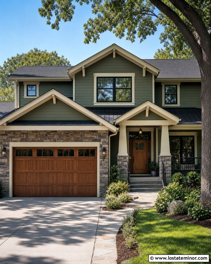 Sage Green House With Wood Look Steel Garage Door - 30 Sage Green House Design With Garage Door Ideas