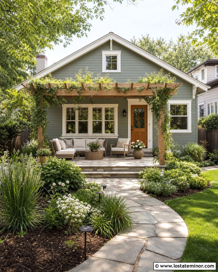 Sage Green House With Wood Pergola - 30 Sage Green House Design With Backyard Ideas