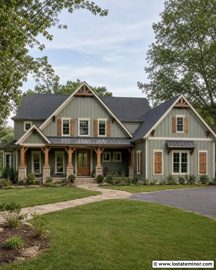 Sage Green House With Wood Shutters And Gables - 30 Sage Green House Design With Gables Ideas