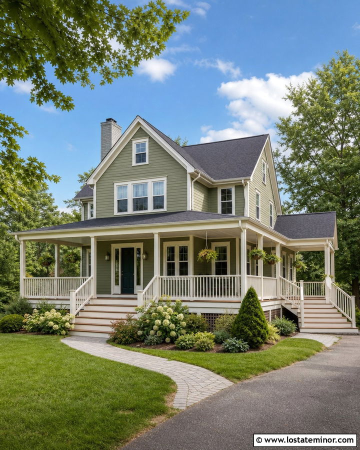 Sage Green House With Wraparound Deck - 30 Sage Green House Design With Deck Ideas