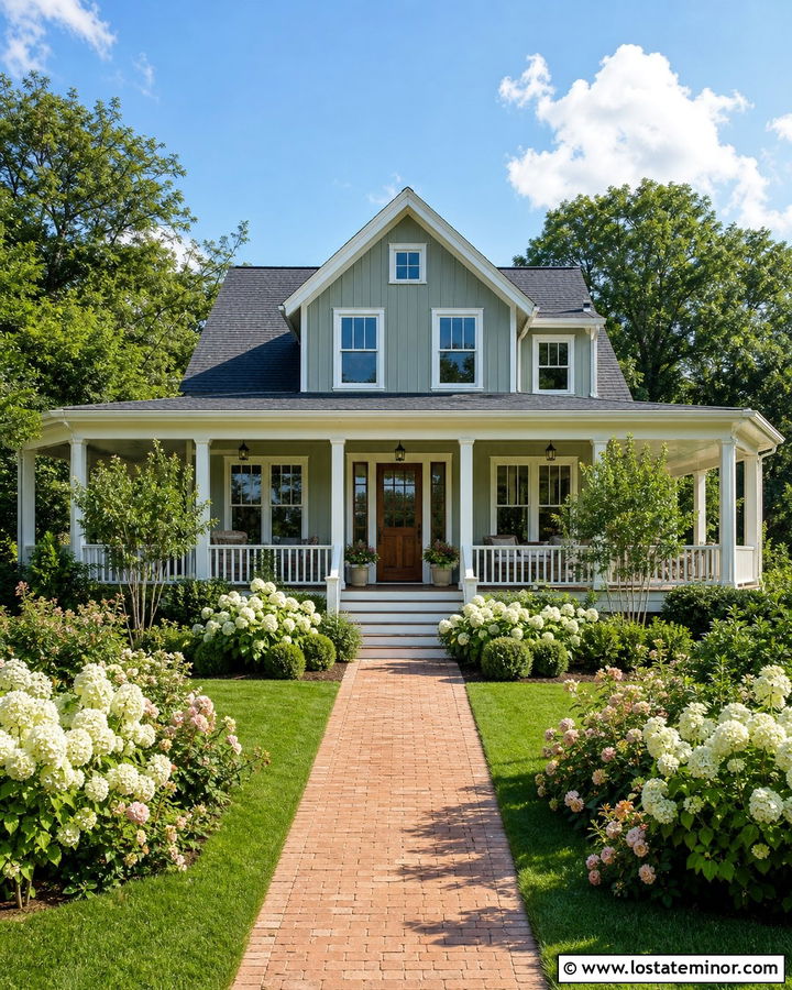 Sage Green House With Wraparound Porch And Flowering Shrubs - 30 Sage Green House Design With Landscaping Ideas